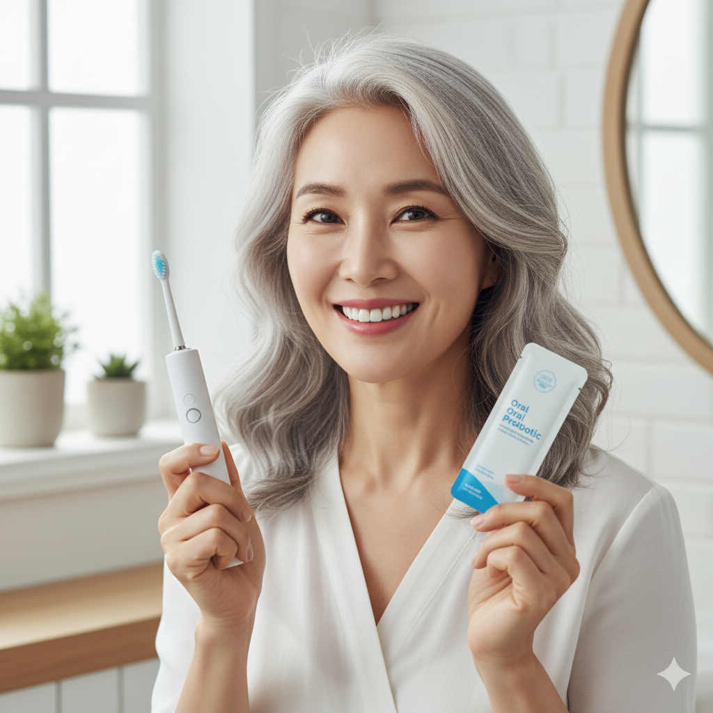 칫솔과 구강 유산균을 들고 환하게 웃는 아름다운 중년 여성 모델.