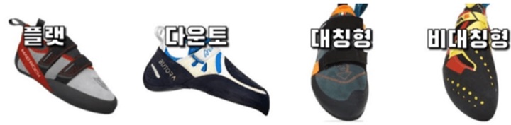 암벽화의 종류를 설명 플랫, 다운토, 대칭형, 비대칭형 암벽화의 모습입니다