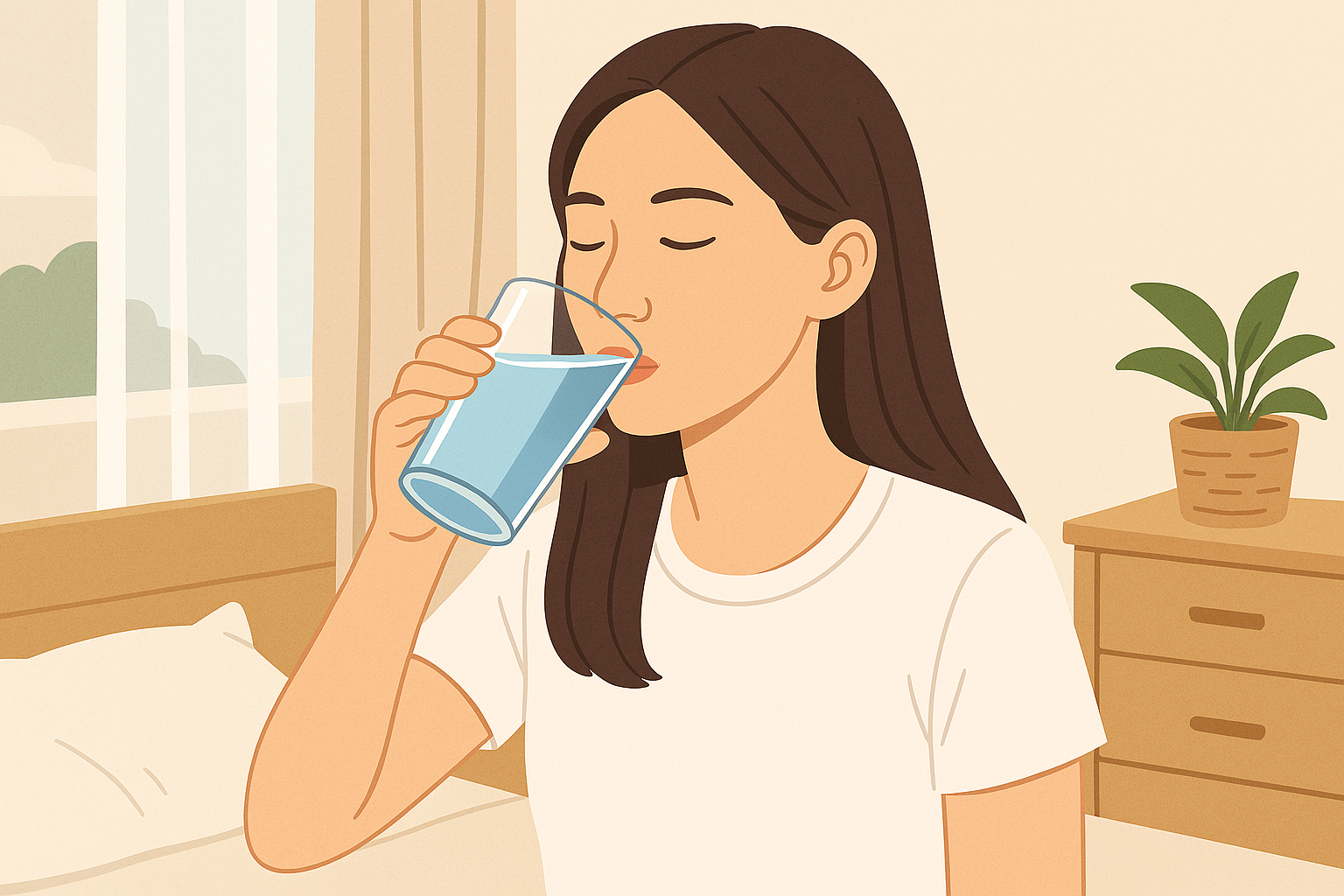 아침에 기상 후 물을 마시는 장면