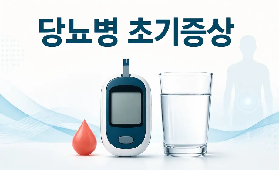 당뇨병 초기증상을 나타내는 혈당측정기와 물컵