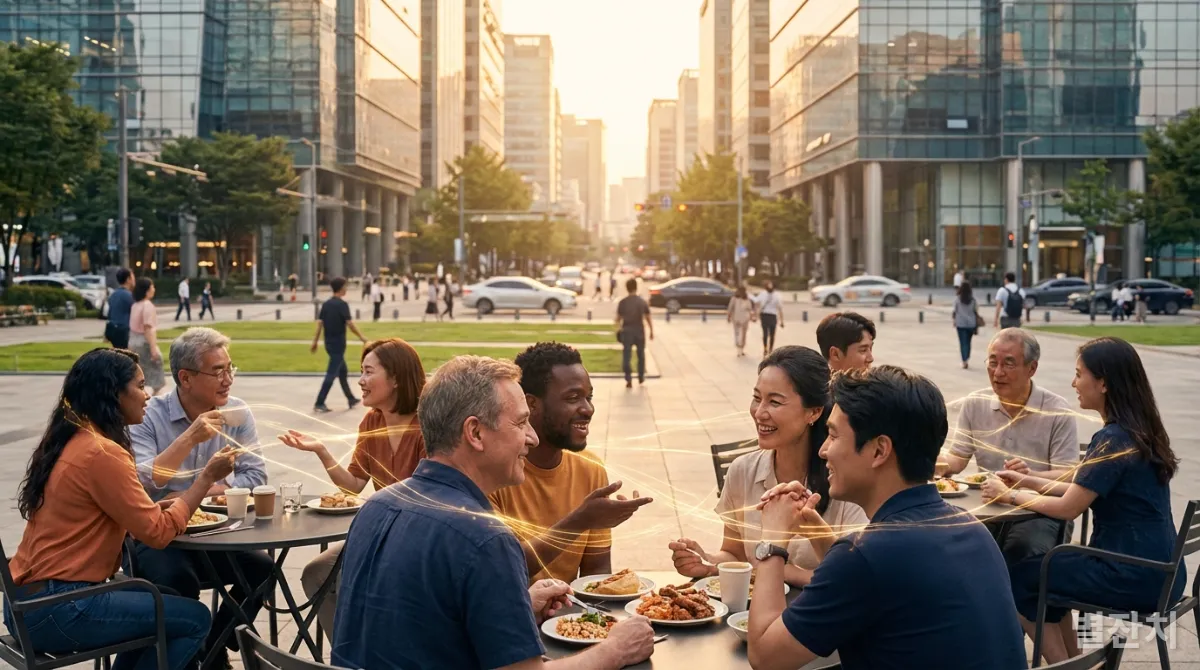 현대 한국 도시에서 사람들이 긍정적으로 교류하며 선한 영향력이 확산되는 모습을 상징하는 이미지