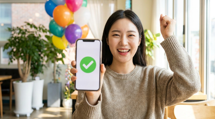 환급금 입금 알림을 보고 기뻐하는 모습과 세금 신고 완료