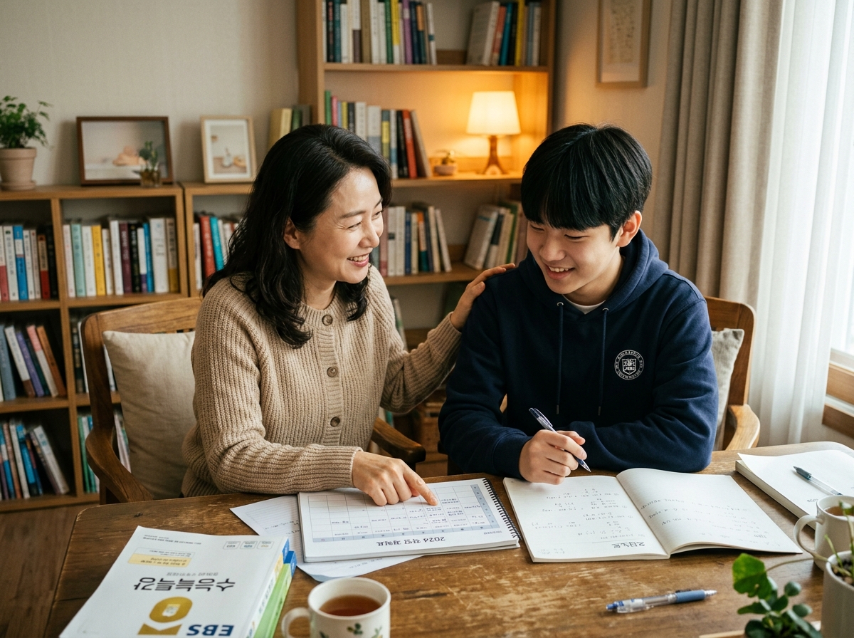 학부모와 고등학생 자녀가 영어 학습 계획을 상담하는 모습