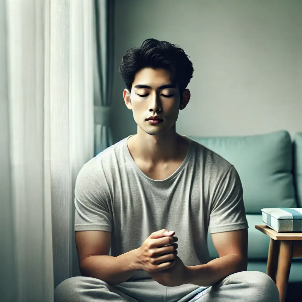 소음 속에서 깊은 호흡으로 마음을 안정시키는 동양인 젊은 남성