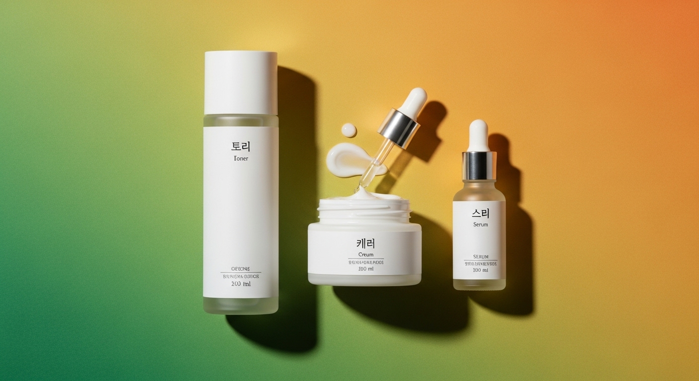 다양한 스킨케어 제품들이 놓인 평면 사진, 피부 관리 단계를 보여줌