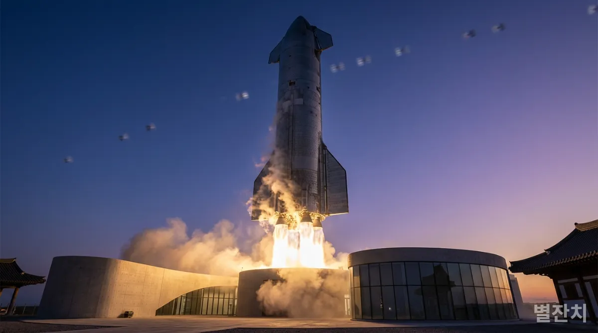 스페이스X 스타십이 발사되고 스타링크 위성들이 궤도를 도는 모습