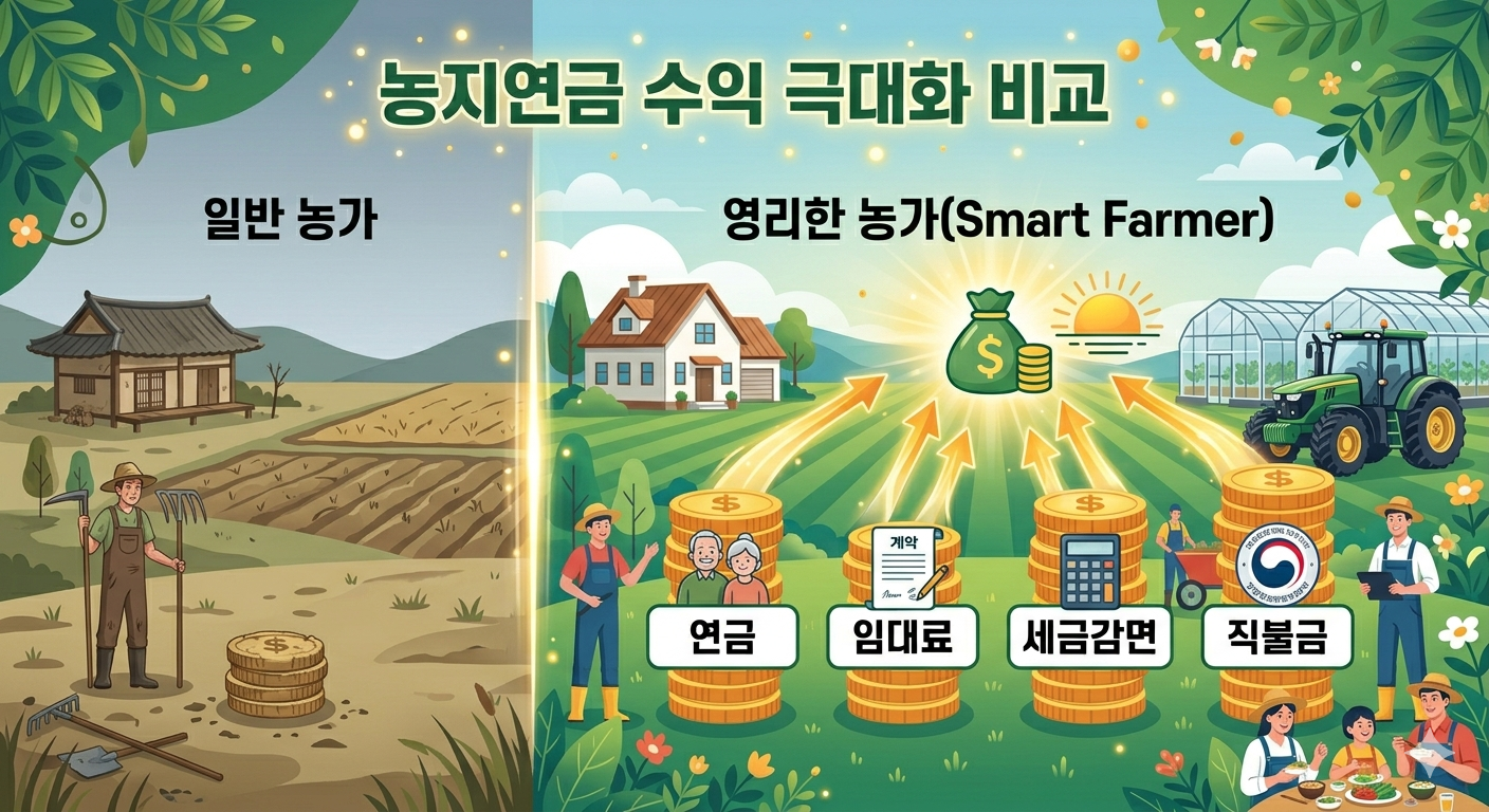 농지연금 수익의 최대화와 일반농가의 수익 비교 인포그래픽