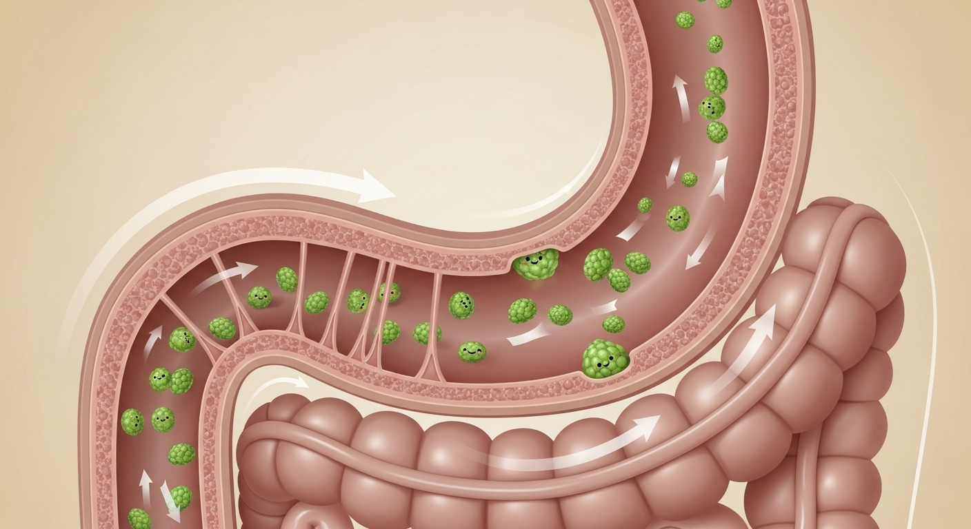 살락의 섬유질이 장 건강에 긍정적인 영향을 미치는 모습을 보여주는 인체 장기 단면 일러스트. 소화와 장 운동 개선을 시사한다.