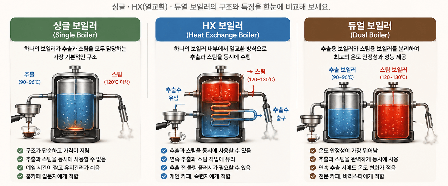 싱글 보일러, HX(열교환), 듀얼 보일러를 비교한 인포그래픽