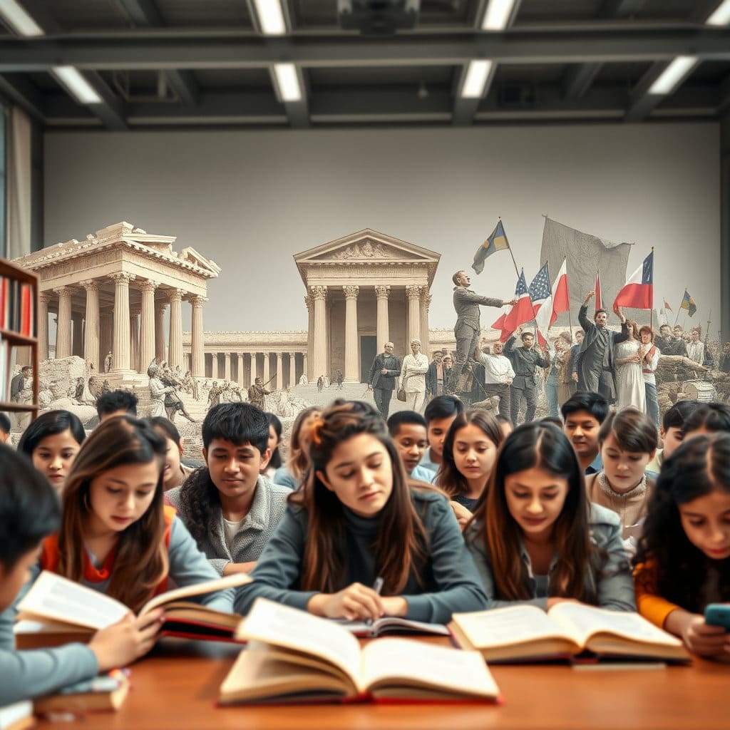 고대 아테네의 민회, 근대 혁명의 상징적인 이미지, 또는 현대 민주화 운동의 한 장면(너무 구체적인 인물이나 장소는 지양)과 같은 역사적 장면들이 배경에 흐릿하게 깔리고, 그 앞에 학생들이 현대적인 교실이나 도서관에서 그 역사적 사실들을 탐구하며 배우는 모습이 오버랩됩니다. 과거의 사건들이 현재의 학습과 연결되어 깊은 통찰을 제공함을 상징합니다. 진지하고 학습적인 분위기입니다.