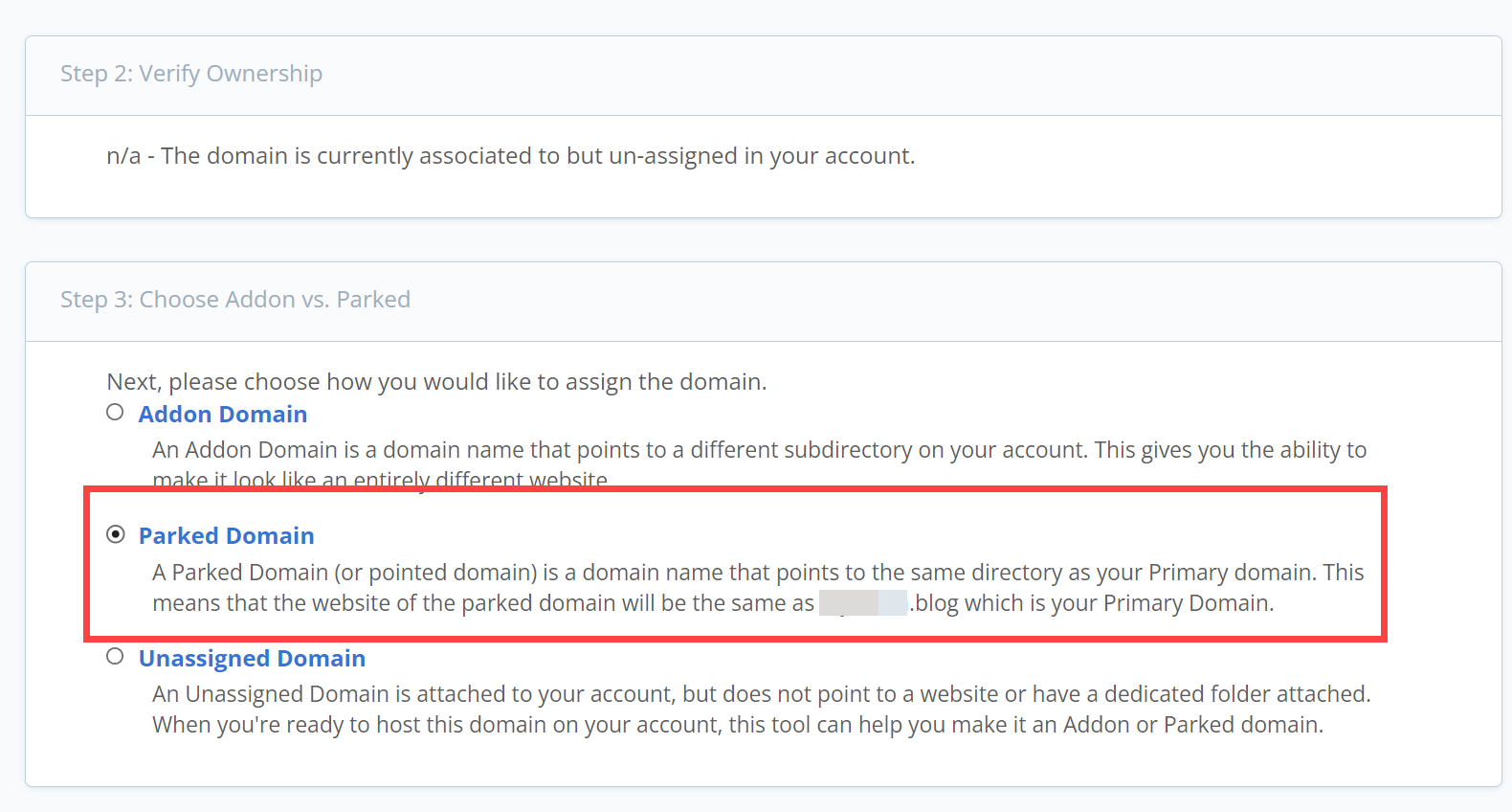 블루호스트(Bluehost): 파킹 도메인 설정하기 - Parked Domain 선택