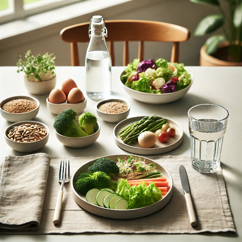 식사 후 더부룩함 예방을 위한 건강한 식단, 신선한 채소와 곡물, 물이 함께 놓인 식탁