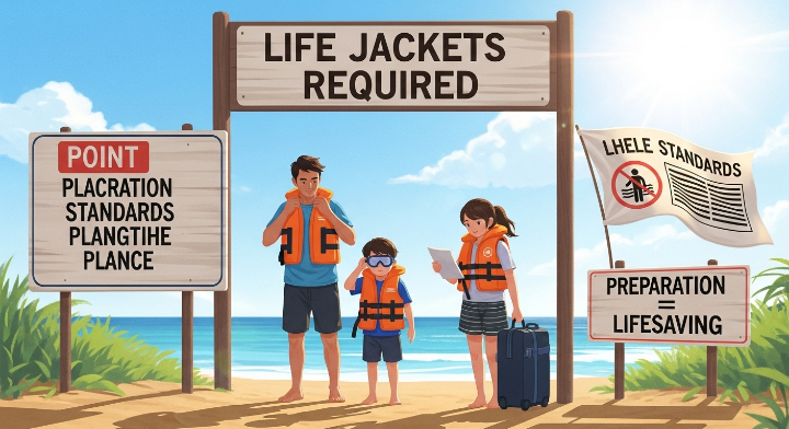 바닷가 입구에서 가족이 구명조끼를 착용하고 있는 모습