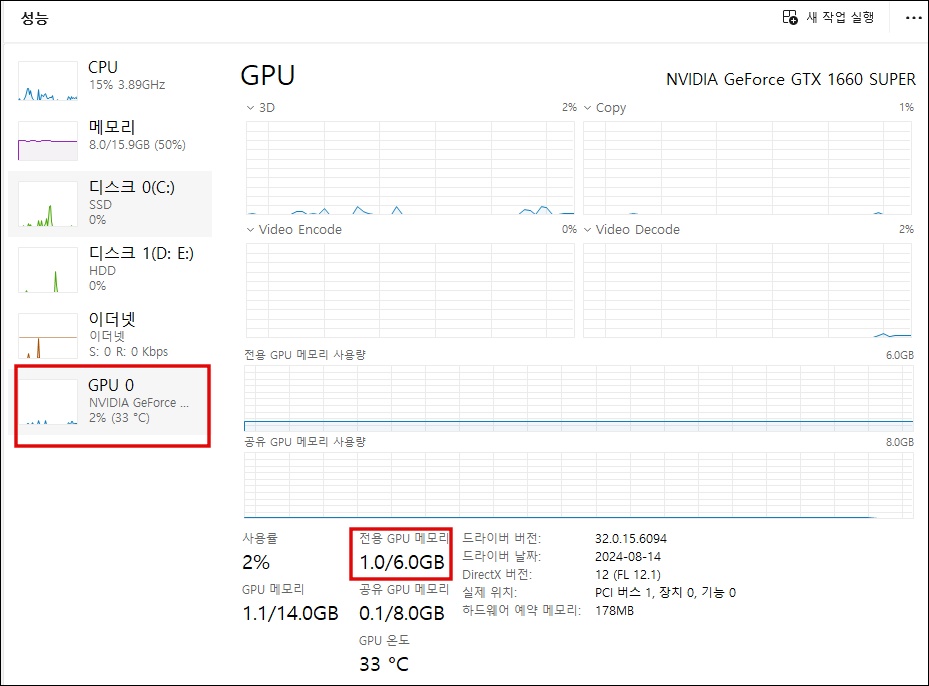 GPU 클릭 전용 GPU 메모리 확인