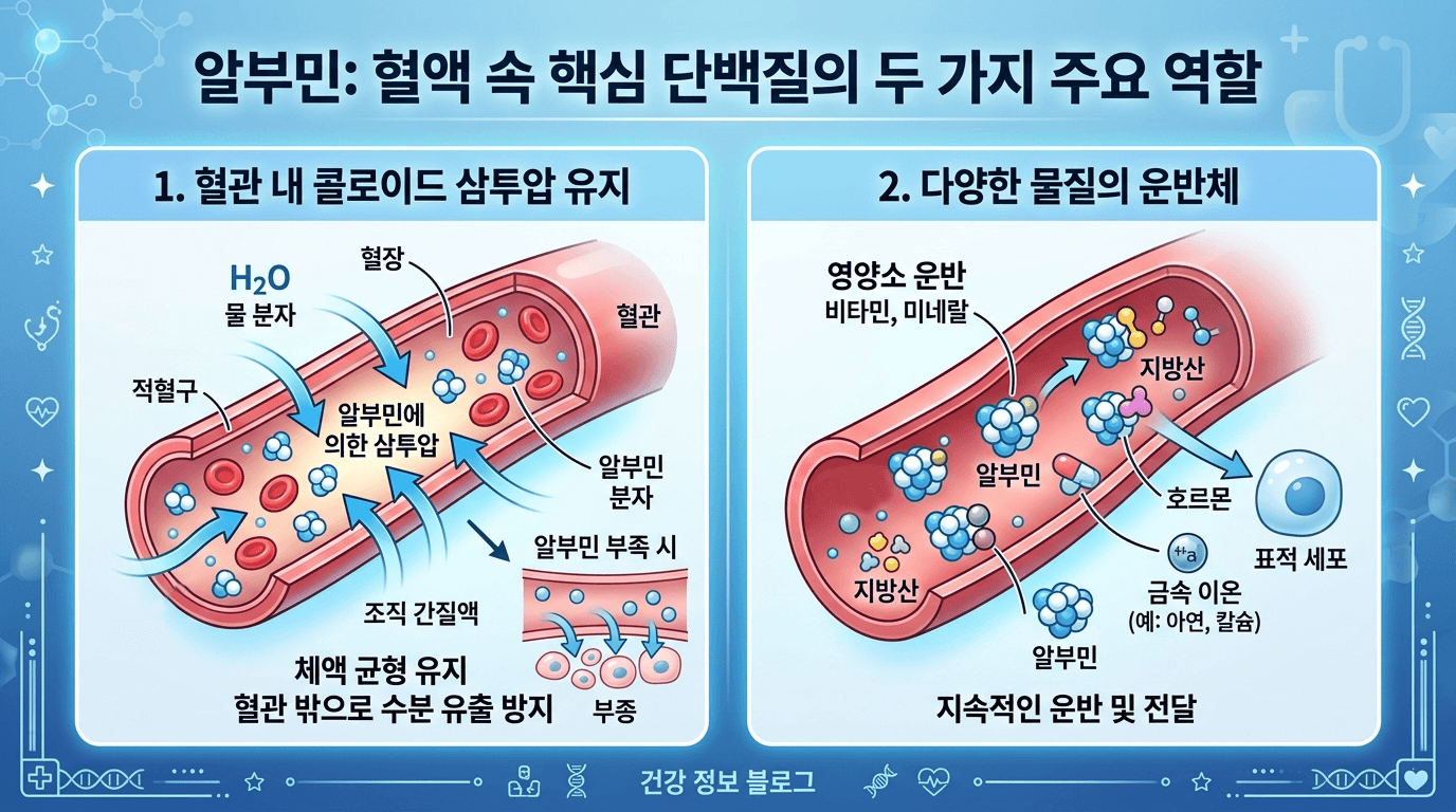 혈관 속 알부민 단백질 역할을 설명하는 인포그래픽
