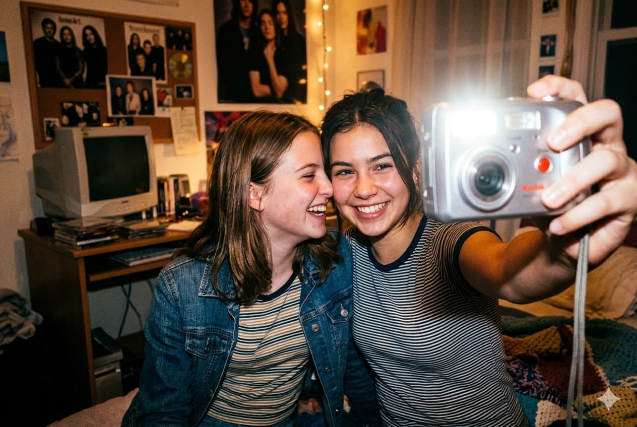 2000년대 분위기의 방 안에서 소녀들이 코닥 이지쉐어 빈티지 디카로 셀카를 찍는 모습. 강한 카메라 플래시 효과와 포근하고 노란 코닥 특유의 색감이 강조된 사진.