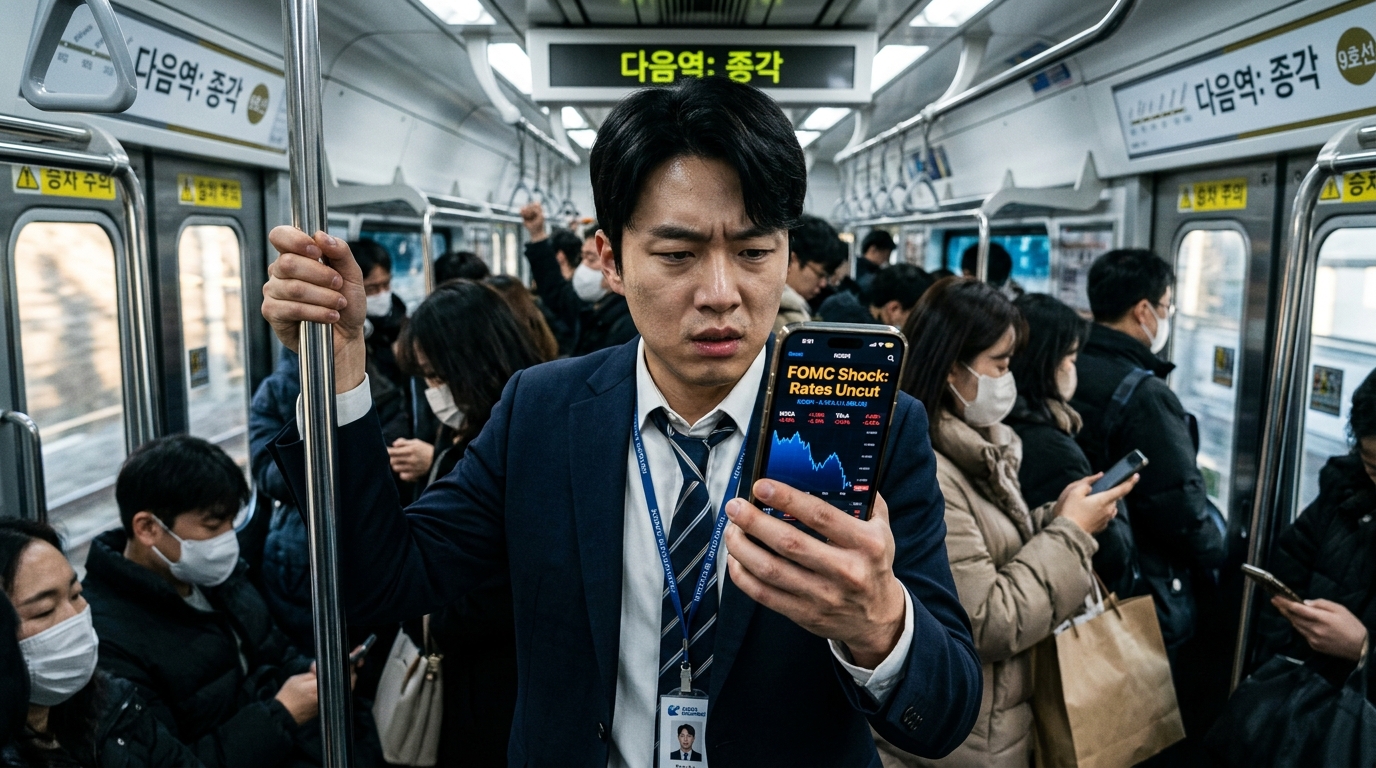아침 출근길 지하철에서 파란색 하락 차트와 FOMC 뉴스를 보며 긴장하는 투자자