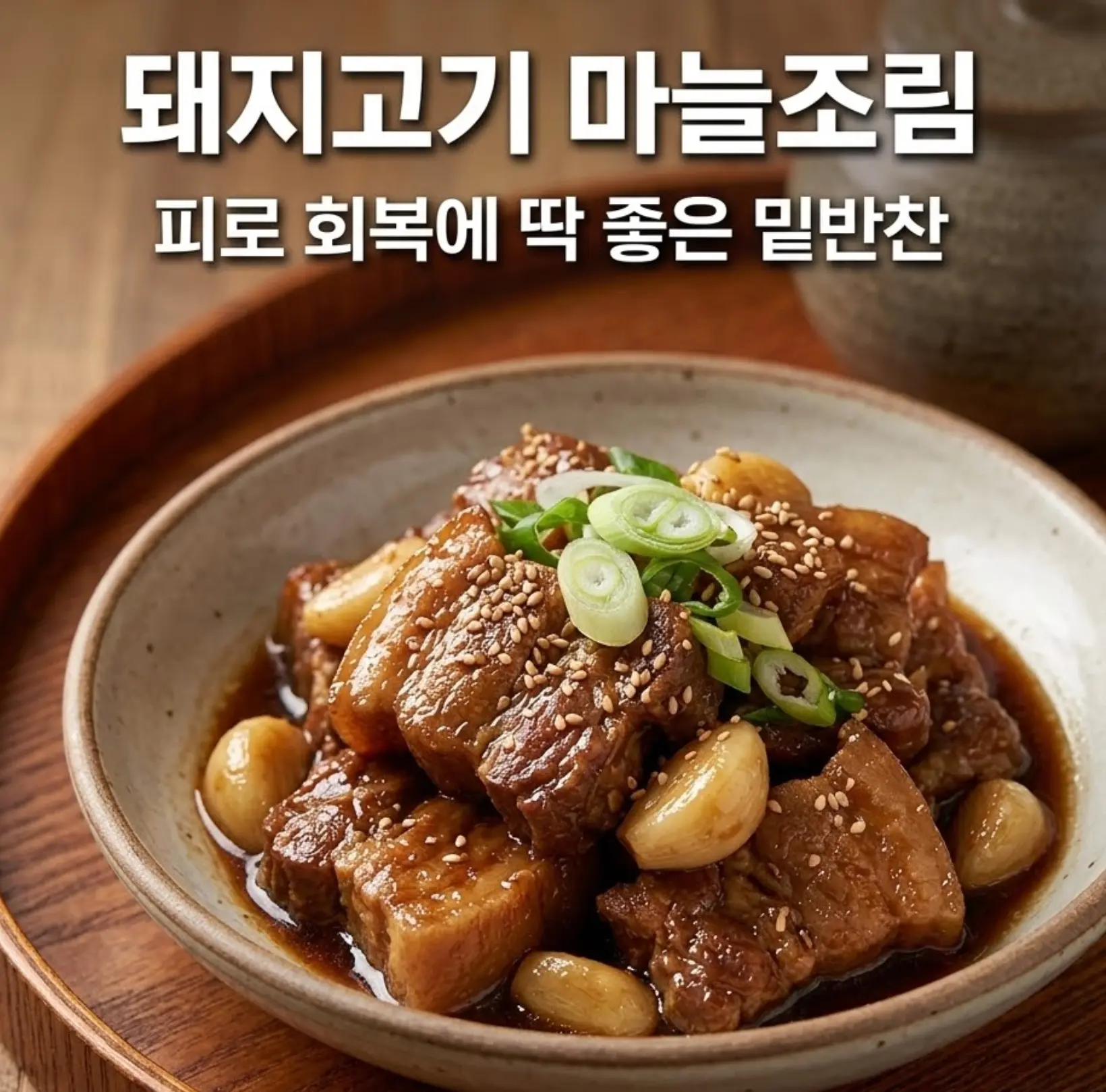 간장 소스에 윤기 나게 조려진 돼지고기와 통마늘을 도자기 그릇에 담고 파와 깨를 올린 완성 사진