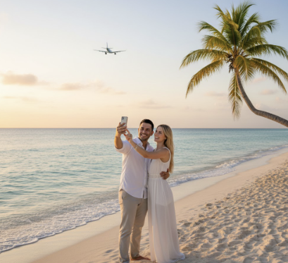 신혼여행지에서 행복한 시간을 보내고 있는 신혼부부