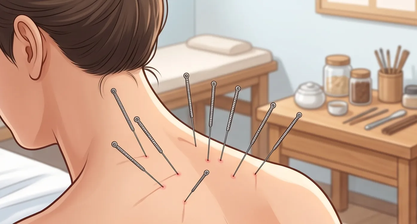 목과 어깨 부위에 한방 침 치료를 받고 있는 모습