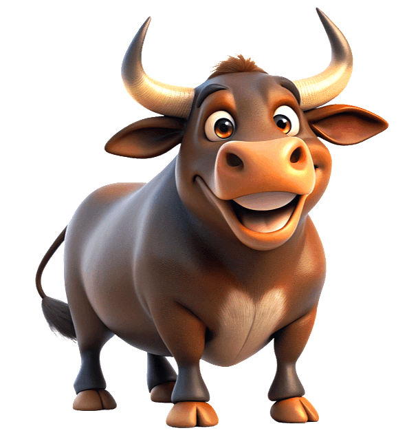 황소가 앞을 보며 웃고 있는 그림이다. 강한 뿔이 하늘을 향해 올라가 있고 몸은 고동색이다.