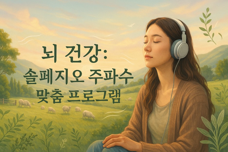 젊은 동양계 여성이 헤드폰을 착용한 채 자연 풍경을 바라보며 편안하게 미소 짓고 있다. 그녀의 배경에는 푸른 숲과 흐르는 강이 펼쳐져 있으며 양들이 풀을 뜯고 있다. 이미지 중앙에는 "뇌 건강: 솔페지오 주파수 맞춤 프로그램"이라는 선명하고 굵은 문구가 삽입되어 있다. 전체적으로 평온하고 치유적인 분위기가 강조되어, 뇌 건강과 자연의 조화를 시각적으로 표현하고 있다.