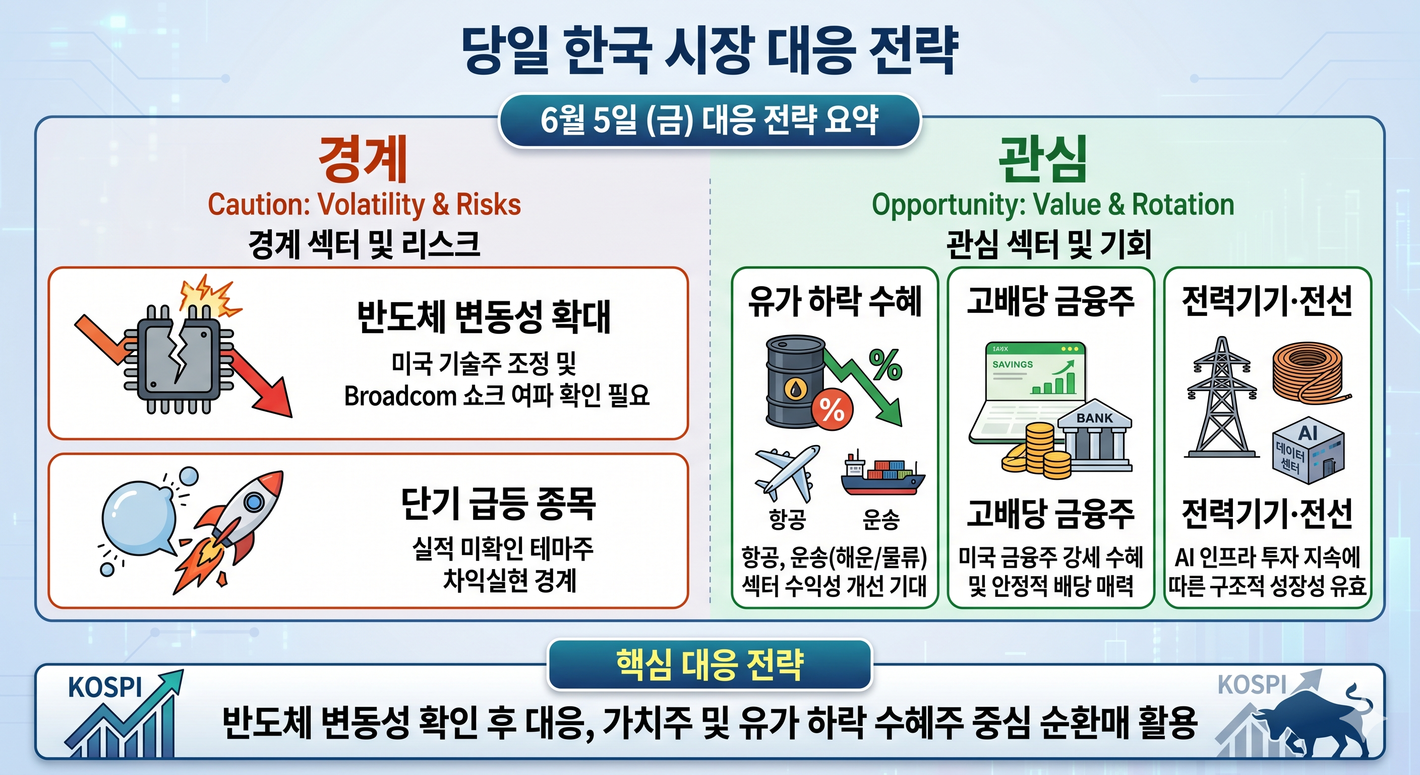 국내 증시 코스피 반도체 및 금융, 항공 섹터별 대응 방향성 인포그래픽