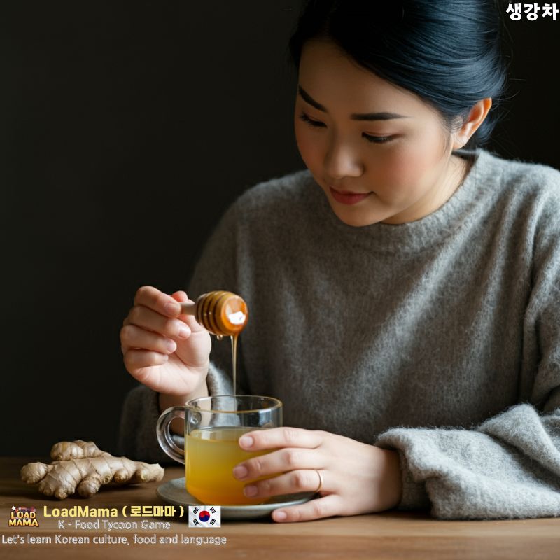 생강차 한 잔에 꿀을 넣는 사람.