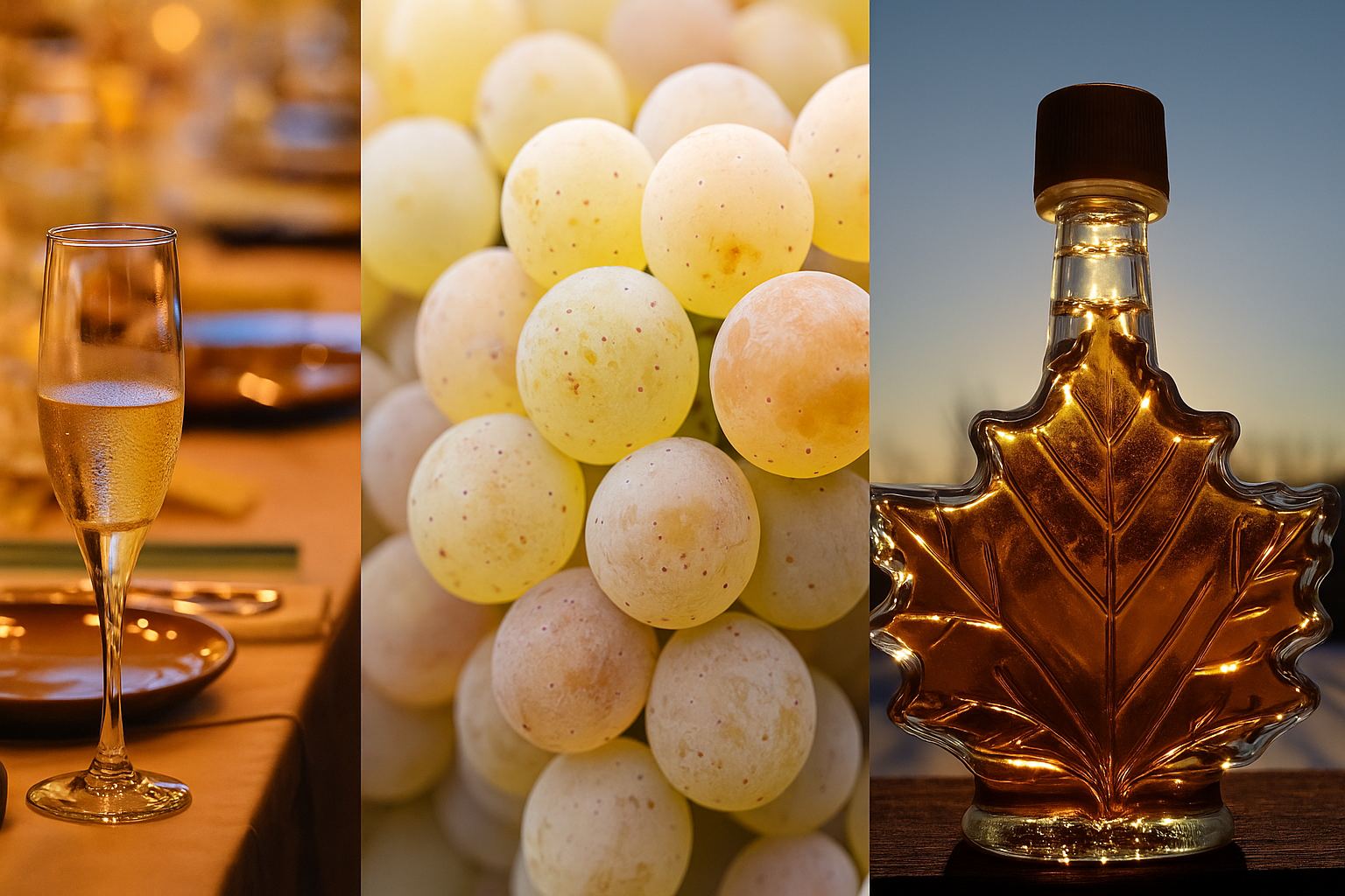 와인잔에 담긴 아이스와인과 언 포도, 그리고 메이플 시럽