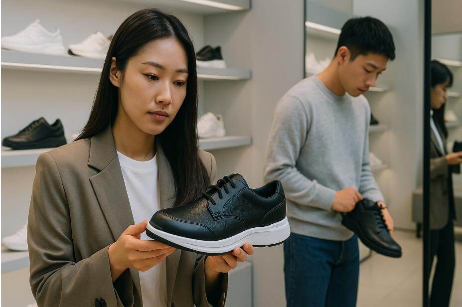 여성은 신발을 살피고 남성은 착용 확인 중인 모습.