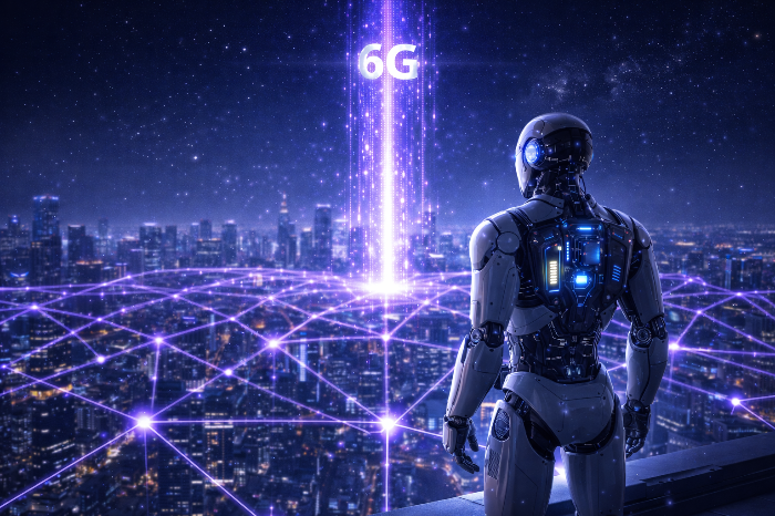 피지컬 AI의 실시간 반응을 가능하게 하는 6G 초저지연 네트워크 시각화.