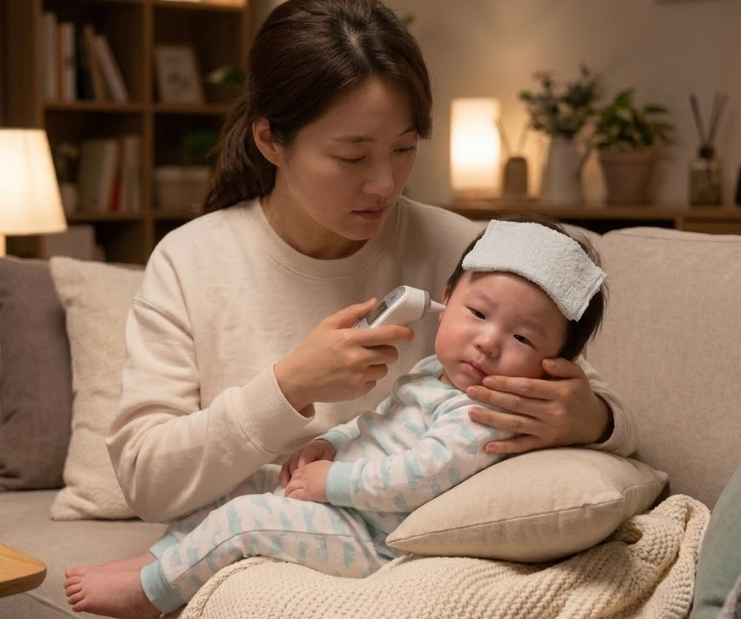 밤에 아기가 열이 나서 엄마가 체온을 재는 모습