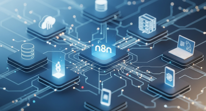 다양한 디지털 서비스와 플랫폼들이 n8n을 중심으로 유기적으로 연결되어 데이터가 흐르는 미래 지향적인 자동화 워크플로의 모습. 효율성과 기술력을 강조하는 파란색과 회색 톤의 배경.
