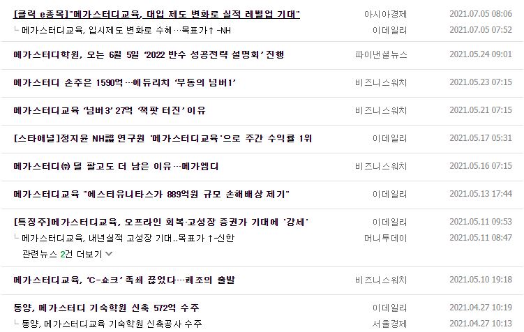 메가스터디교육 뉴스, 공시