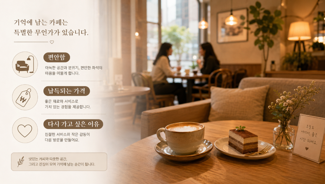 2026년에 좋은 카페로 기억되는 기준인 편안함과 가격 만족, 재방문 이유를 표현한 이미지
