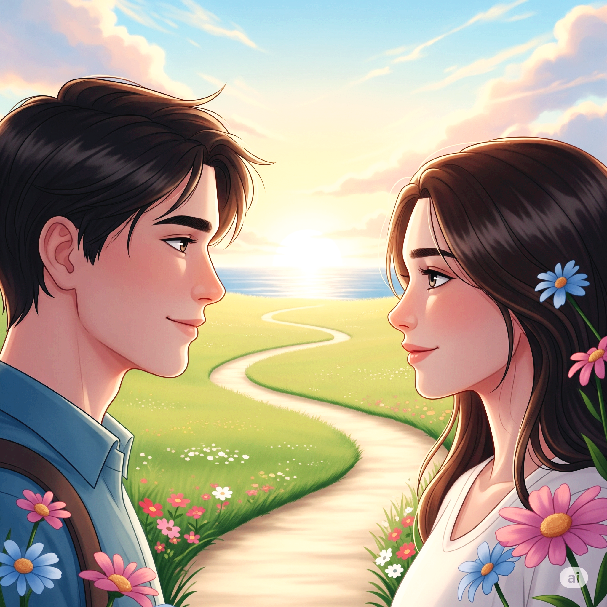 여름날 마주보고 있는 남녀