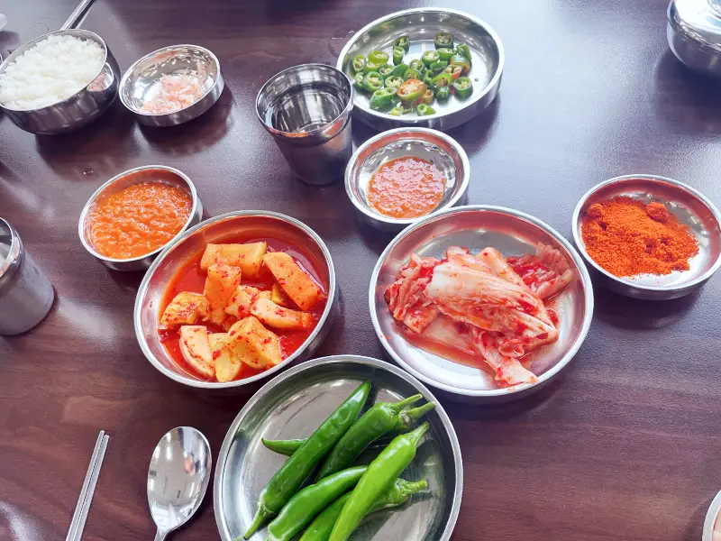 김치 깍두기 새우젓 청양고추 매운고추가루 모습