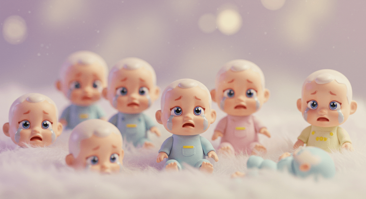 손바닥 크기의 울고 있는 크라이베이비 인형들이 모여 배치된 모습 3