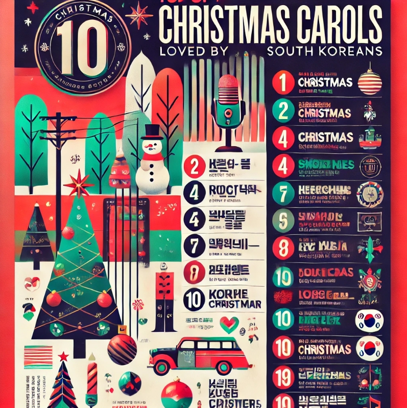 한국인이 좋아하는 크리스마스 캐롤 top10을 표현한 포스터형식의 이미지입니다.