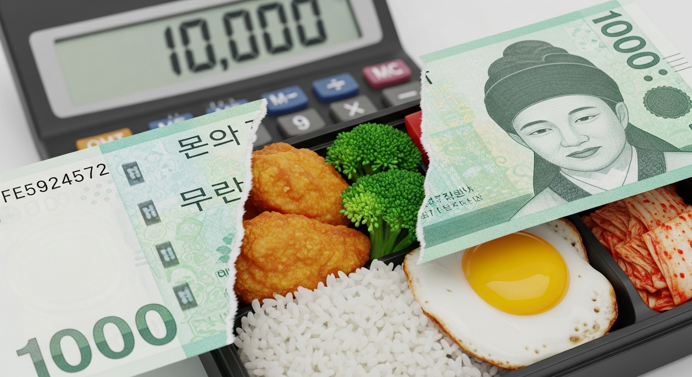 3D illustration of a '10,000 won' bill tearing in half to reveal a hearty convenience store bento box inside. Calculator image in the background.
