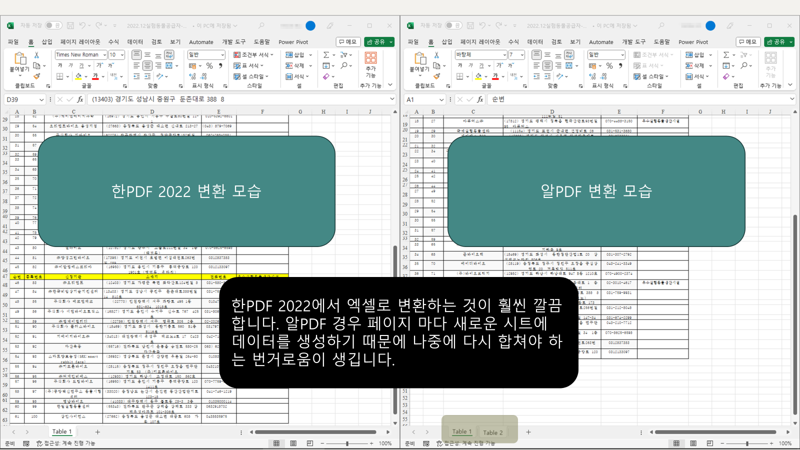 한PDF와 알PDF 엑셀 변환 비교 모습
