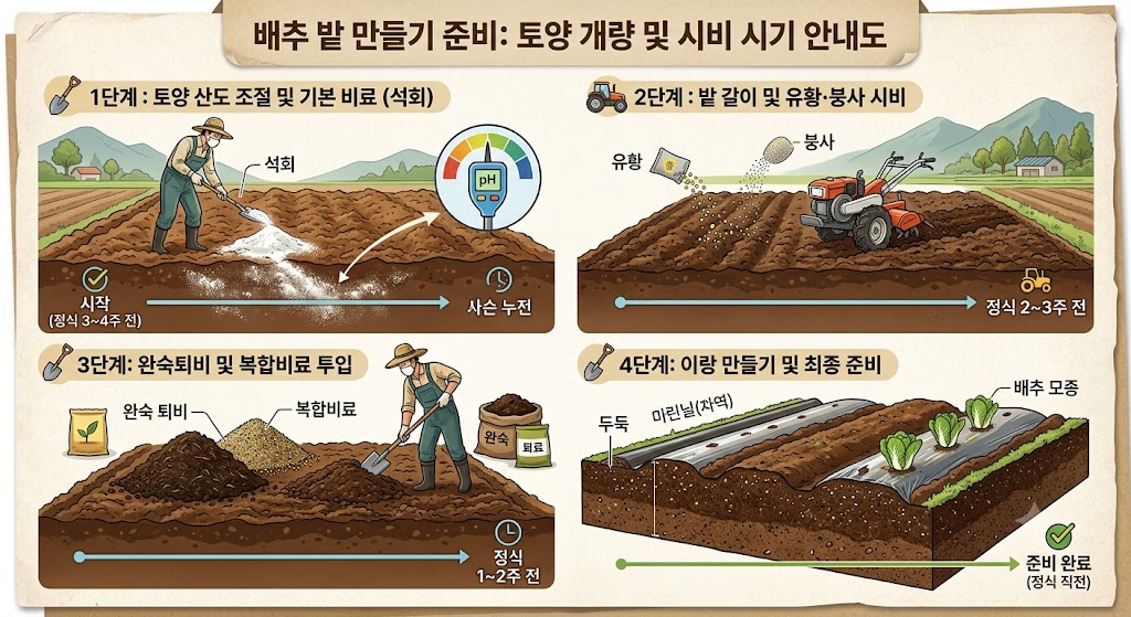 배추 밭 만들기에 필요한 석회 유황 붕사 퇴비의 투입 시기와 흙 갈이 구도를 보여주는 안내도