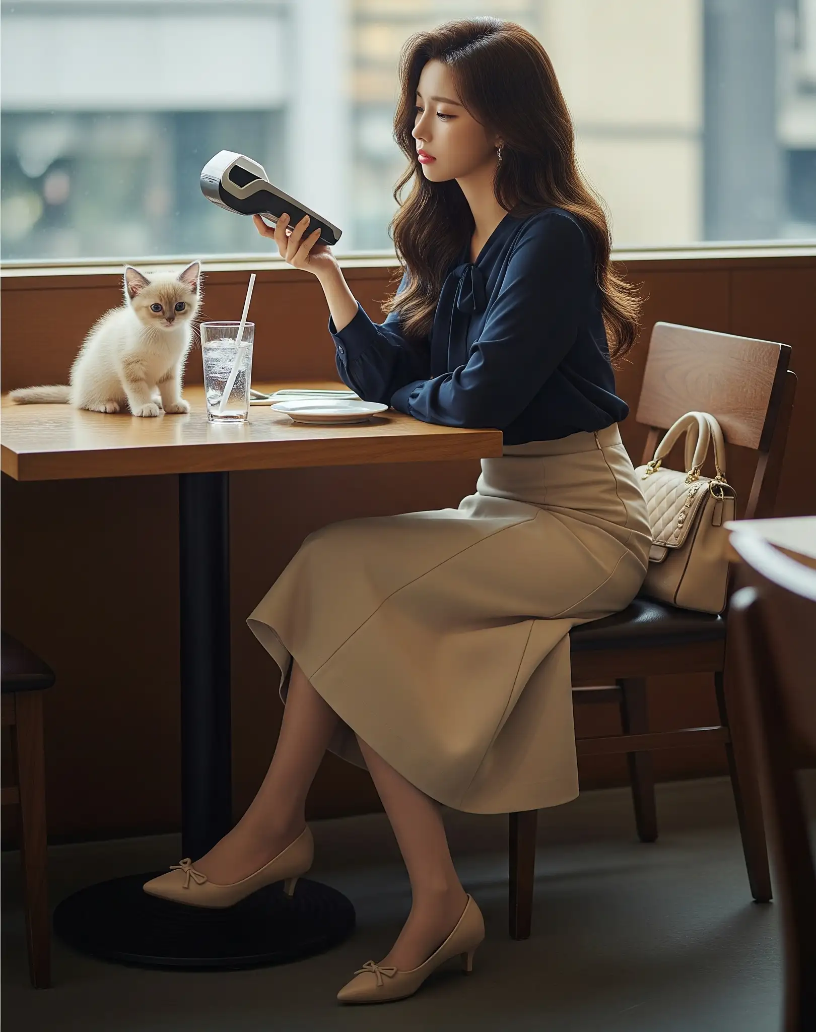 캐나다 레스토랑에서 팁 결제 단말기를 받아 들고 잠시 고민에 빠진 세련된 한국인