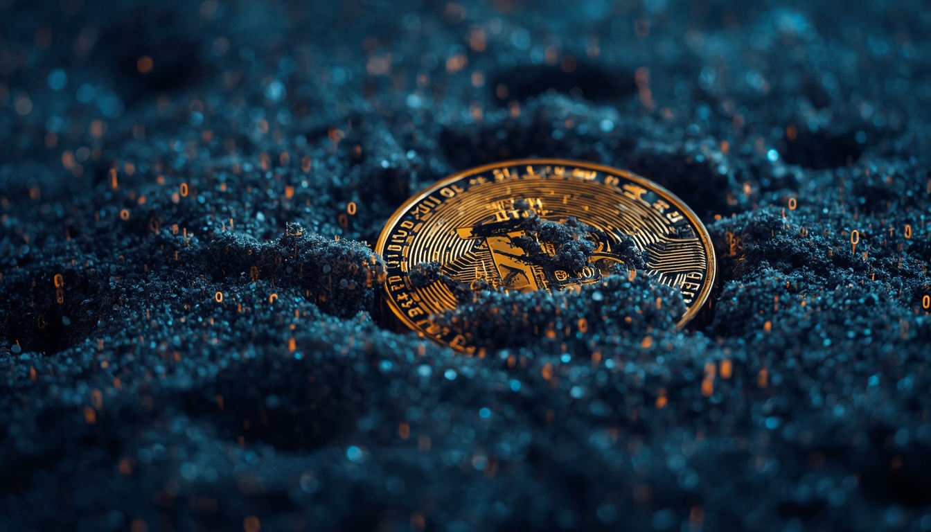 A crumbling Japanese Yen coin turning into sand with digital binary code, symbolizing the collapse of a former safe haven.