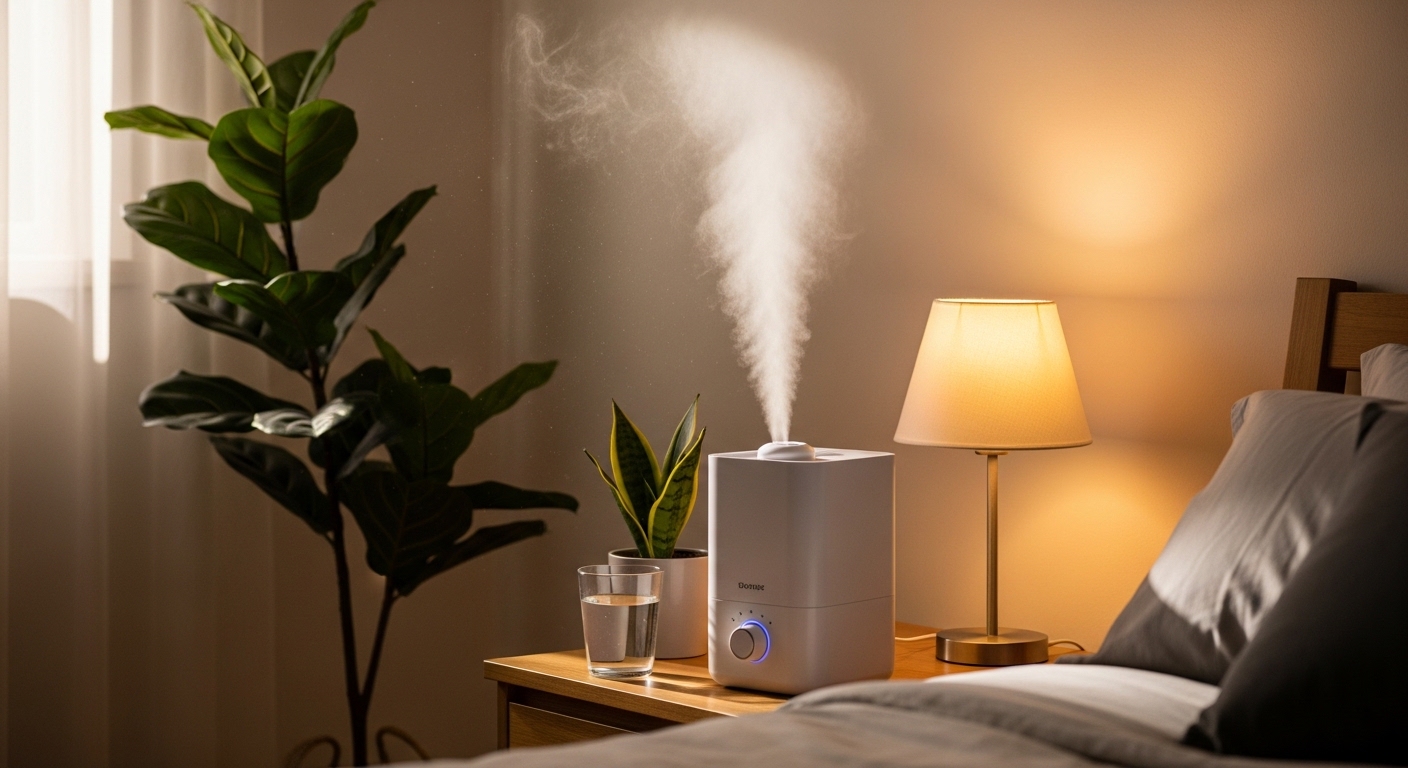 실내 건조를 해결하기 위해 가습기를 사용하는 침실 환경