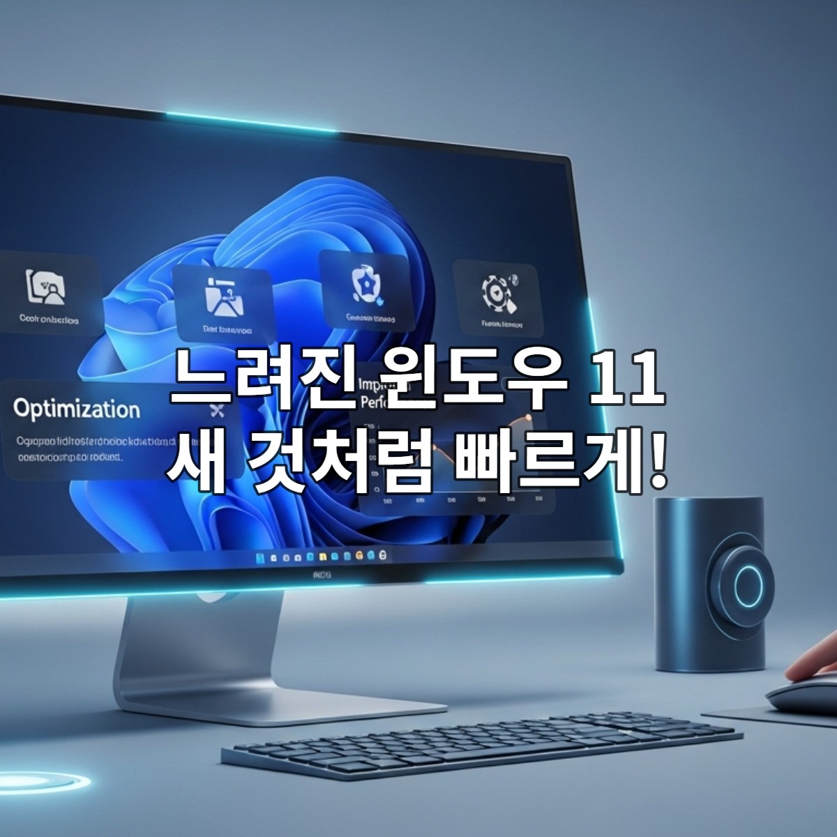 윈도우 11 최적화 도구와 성능 그래프가 표시된 모니터 앞에서 마우스를 조작하는 손. 깔끔하고 효율적인 PC 관리 환경을 상징하며, 느려진 PC를 새 것처럼 만드는 과정을 묘사합니다.