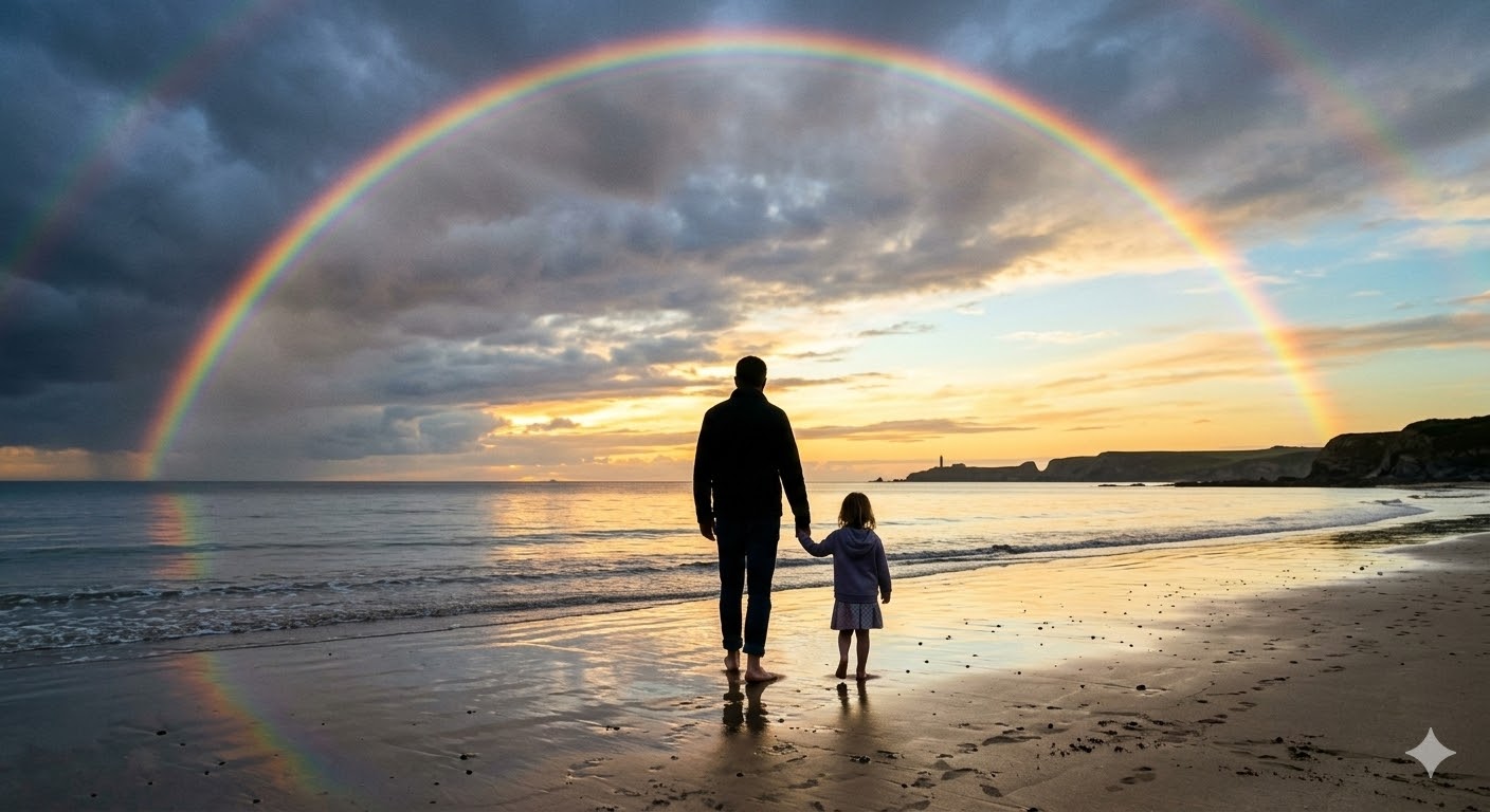 폭풍우가 지나간 뒤 무지개 뜬 수평선을 바라보며 아이의 손을 잡고 든든하게 서 있는 아빠의 뒷모습