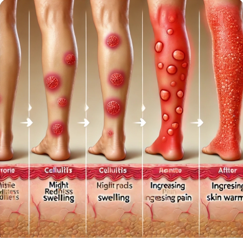다리에서 진행되는 증상 단계별 표현 &rarr; 부기 &rarr; 홍반 &rarr; 통증 강화 