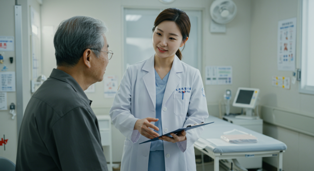 의료진이 노인 환자에게 설명하는 장면
