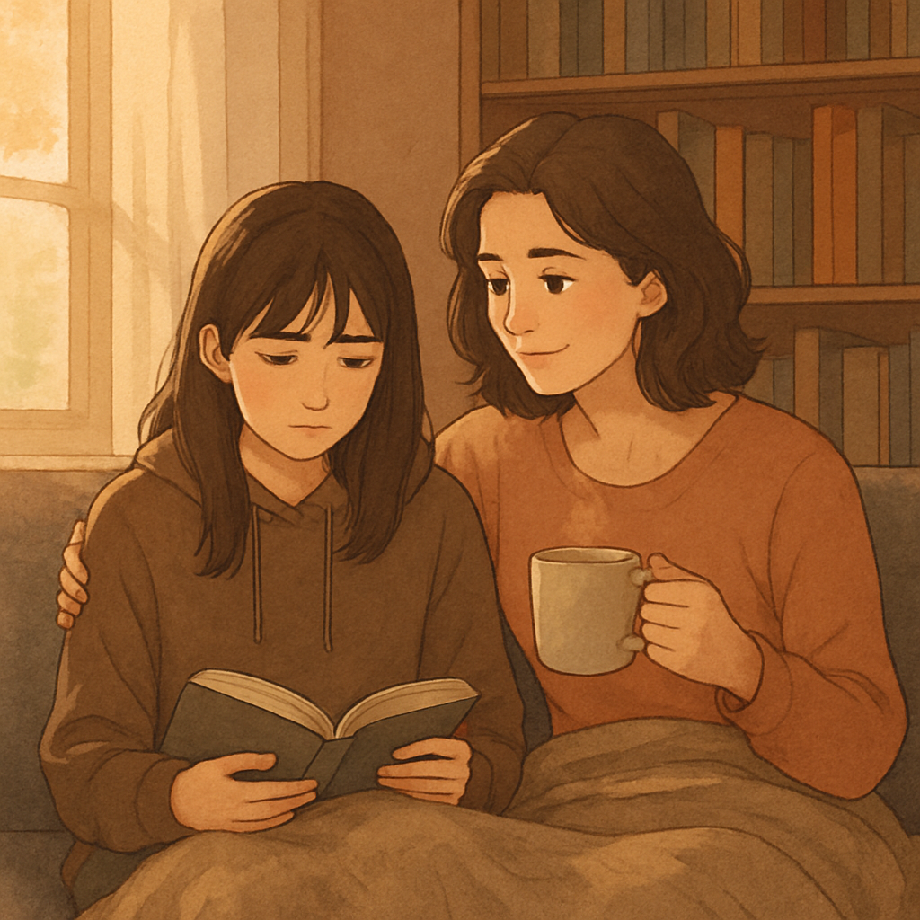 힘들어하는딸을따뜻한눈빛으로 쳐다보는엄마